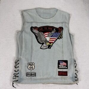 Vtg Womens Diamond Plate Denim Biker Motorcycle Vest Patriotic Patchwork Sz 3X